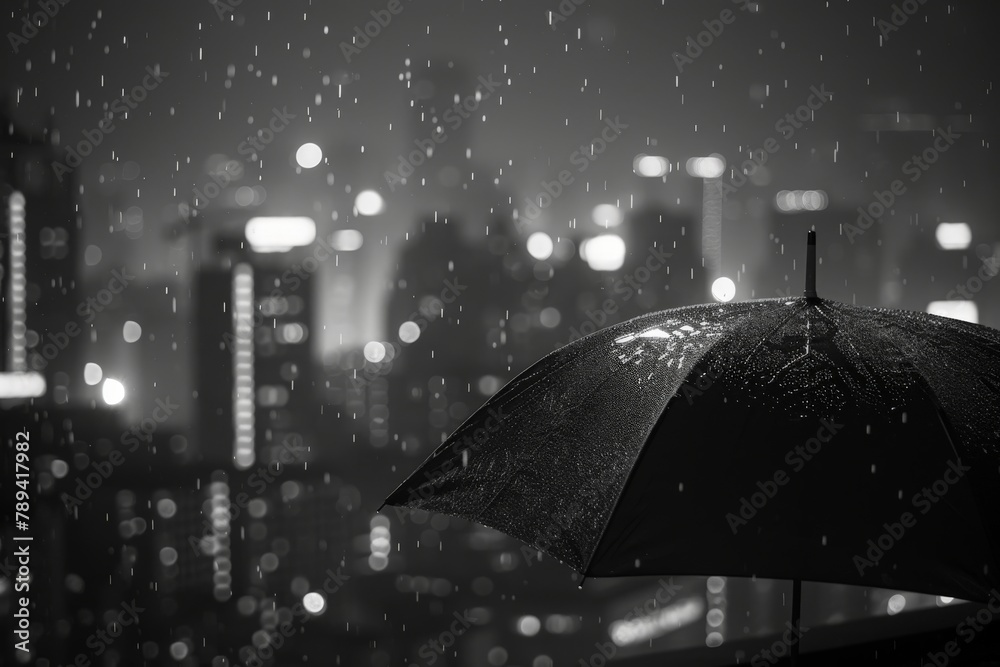 A black and white photo of a lone umbrella against a dark cityscape skyline, with rain blurring the streetlights and buildings.