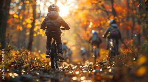 3D rendered kids riding bicycles on a nature trail, active and enjoying the scenery photo