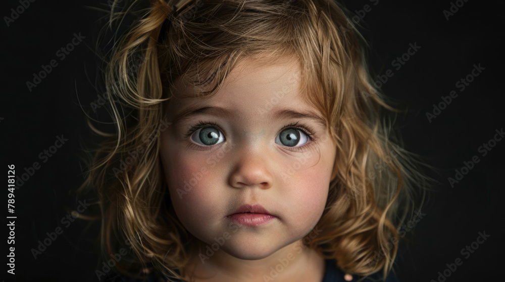 Pretty 1s kid portrait isolated on black background. Attractive little girl close up. Young person look camera. Beautiful female face closeup. Natural beauty concept. Model at studio without make up. Pretty 1s kid portrait isolated on black background. Attractive little girl close up. Young person look camera. Beautiful female face closeup. Natural beauty concept. Model at studio without make up.