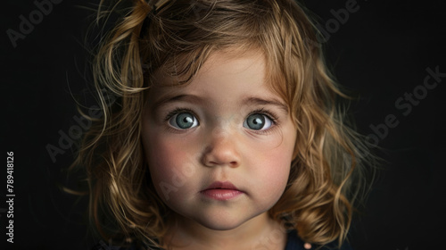 Pretty 1s kid portrait isolated on black background. Attractive little girl close up. Young person look camera. Beautiful female face closeup. Natural beauty concept. Model at studio without make up.