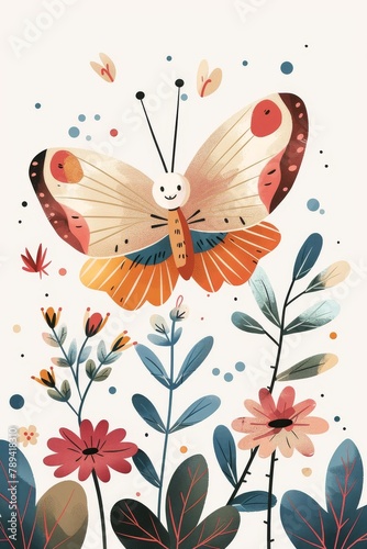 A cute watercolor illustration of a butterfly with a smiley face on its wings is surrounded by colorful flowers and leaves. © Sippung