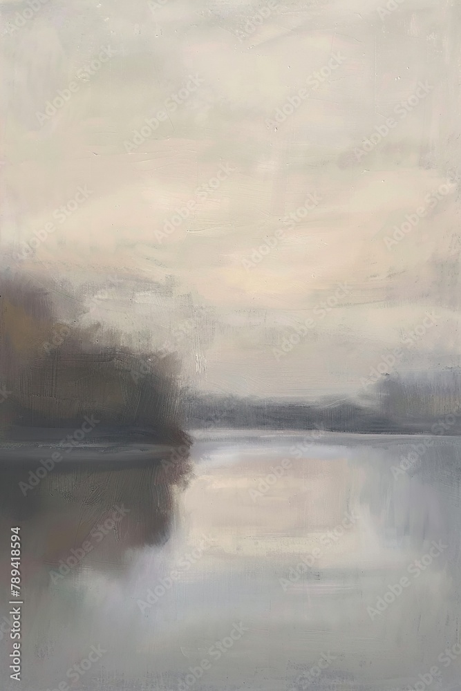 Gemälde einer Landschaft mit See und Bäumen in Erdtönen, verträumte Stimmung, Nebel und diffuses Licht, sanfte Farben	
