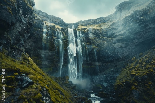 A breathtaking waterfall cascading down a cliff face  with the water thundering over smooth  moss-covered stones at the bottom.