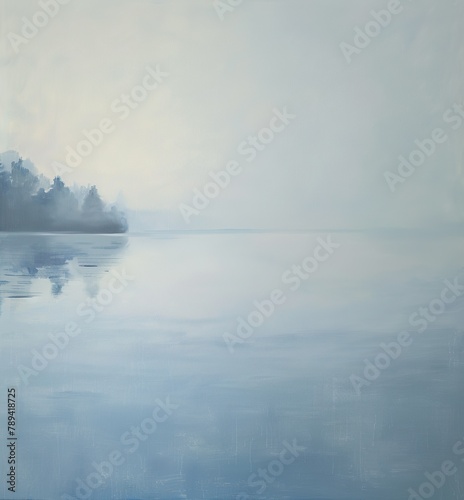 Gemälde einer Landschaft mit See und Bäumen in Blautönen, verträumte Stimmung, Nebel und diffuses Licht, sanfte Farben, kühle Anmutung , nordisch, Norden, pastell 