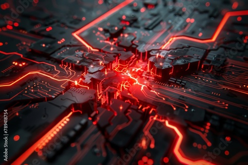 A circuit board with glowing red cracks spreading from a central point  symbolizing a cyber attack crippling a system.