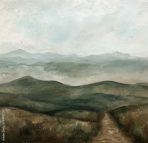 Gemälde einer skandinavischen Landschaft, Berg, Tal und Weg, Himmel mit Wolken, düster und melancholisch	