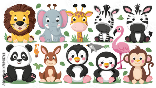Collection of cute and colorful animals  each designed for children s cartoons and isolated on a background