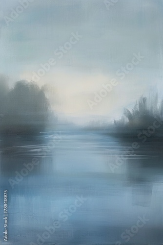 Gemälde einer Landschaft mit See und Bäumen in Blautönen, verträumte Stimmung, Nebel und diffuses Licht, sanfte Farben, kühle Anmutung , nordisch, Norden, pastell © MONO