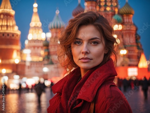 Woman stands in front of iconic saint basils cathedral. Cathedral, symphony of colorful domes, intricate designs. photo