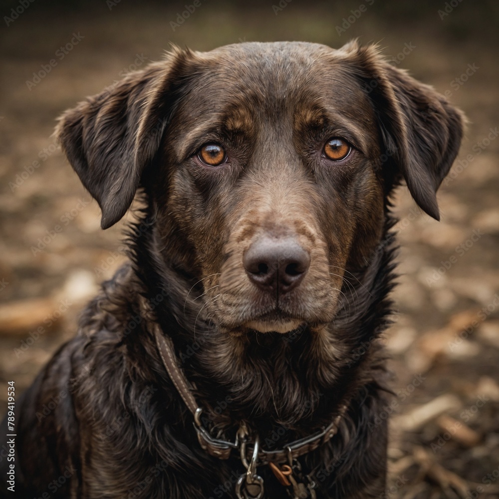 Brown, black dog with soulful eyes looks directly at viewer. Dog's fur wet, collar encircles its neck. Background blur of brown leaves, dirt. Brown, black dog with soulful eyes looks directly at viewer. Dog's fur wet, collar encircles its neck. Background blur of brown leaves, dirt.