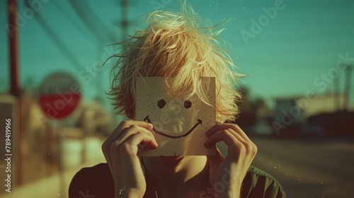 Blond guy covers with piece of paper with smiling face, hide emotions. Concept social hypocrisy duplicity. Fake dissimulation life. Double game man change grimaces. Facial puppetry. Insincerity people photo