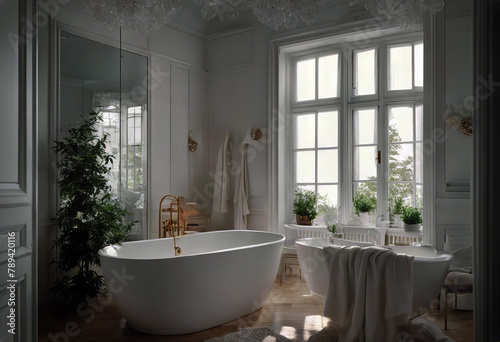 white vintage design interior bathroom classic Scandinavian bathe bathing bathtub shower shelf chair fur tile luxury hotel spa old style brick ceramic tub retro © wafi