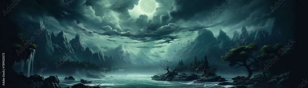 Fototapeta premium A peaceful night scene of a water road under menacing black clouds