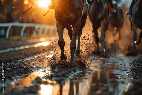 Horses galloping in the mud during dusk horse racing
