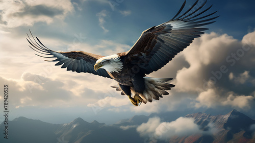 A lone eagle soaring majestically through a cloud-streaked sky.