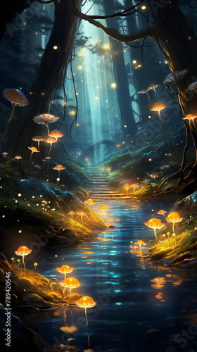 Create a serene and magical forest filled with glowing mushrooms and shimmering fireflies