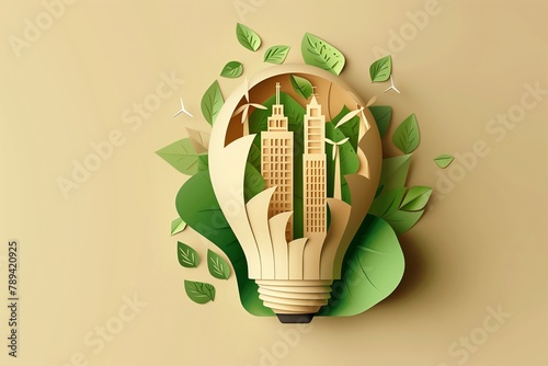 A paper art style illustration of an energy LED light bulb containing buildings, trees and wind turbines inside it, set against a beige background.