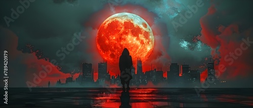 Mystic Observer Amidst Crimson Moonrise. Concept Fantasy Photography, Moonlight Portrait, Mystical Themes, Unique Props, Red Color Palette photo