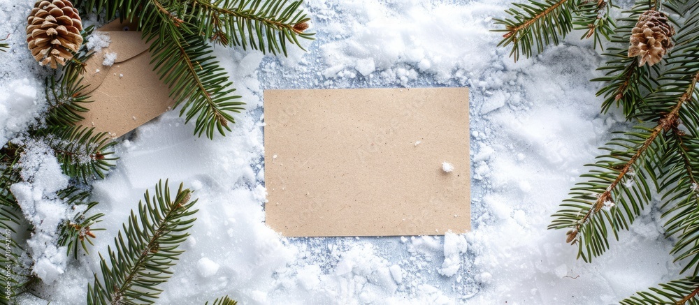 Christmas tree branches arranged creatively with snow and paper note card in a flat lay style, embodying a natural New Year theme. Christmas tree branches arranged creatively with snow and paper note card in a flat lay style, embodying a natural New Year theme.