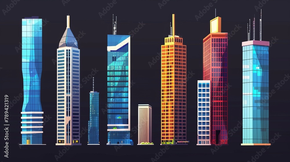 Set of skyscraper buildings with glass windows, satellite antennas, office center or hotel exterior isolated on a black background. Cartoon modern illustration.