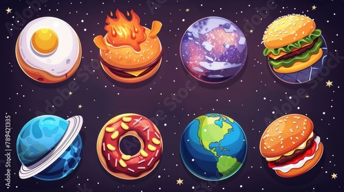 Space food planets. Modern cartoon funny set of donut, pizza, chocolate candy, burger, fried egg, and donut textures. Comic world of fantastic food in outer space.