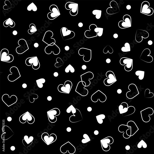 White hearts chaotic on black seamles pattern