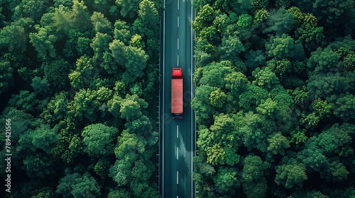 Aerial top view of car and truck driving on highway road in green forest. Sustainable transport. Drone view of hydrogen energy truck and electric vehicle driving on asphalt road through green forest © Jennifer