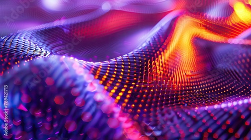 Closeup of a neonilluminated smart fabric, weaving positive energy patterns photo