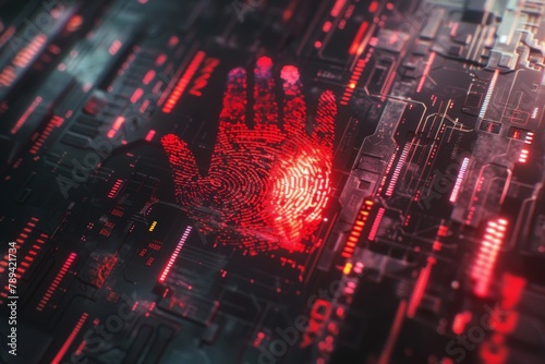 A digital fingerprint scan grants access to a secure system, while a red handprint with a glitch effect is denied.