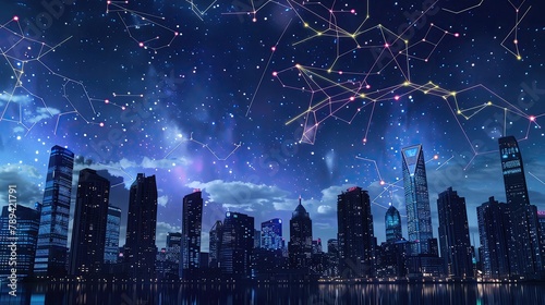 Urban skyline at night with neon zodiac constellations mapping the stars