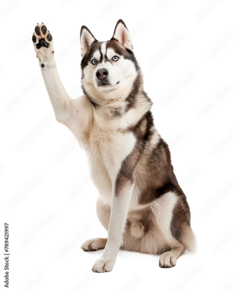 Siberian husky dog giving high five isolated on transparent background
