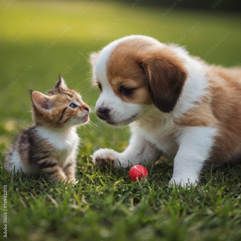 Cute puppy and kitten playing together in the garden on a sunny summer day. AI generated Cute puppy and kitten playing together in the garden on a sunny summer day. AI generated