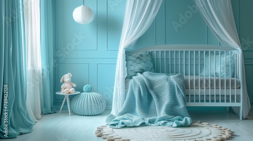 light blue baby PLAYPEN logo, with a plain and white background, and a baby bed. Generated AI.