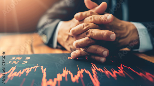 Close-up of businessperson's hands nervously wringing over a graph showing market fluctuations, Concept of economic uncertainty.