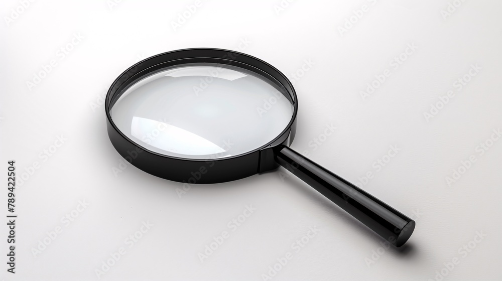 A black magnifying glass on a stark white background A black magnifying glass on a stark white background