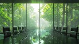 Corporate boardroom with holographic forest views, integrating nature with technology, soft green hues, wide angle