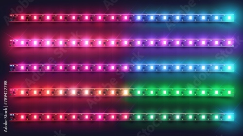 Isolated neon-glow led strips isolated on transparent background. Modern realistic set of bright lights, glowing tape with red, green, blue, and white lamps and diode bulbs.