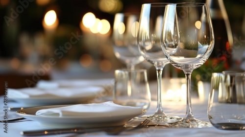 Elegant table setting with wine glasses. Bokeh lighting in upscale restaurant.