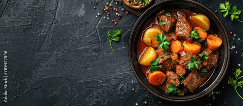 Top view of a black background with copy space showcasing beef stew accompanied by potatoes, carrots, and herbs