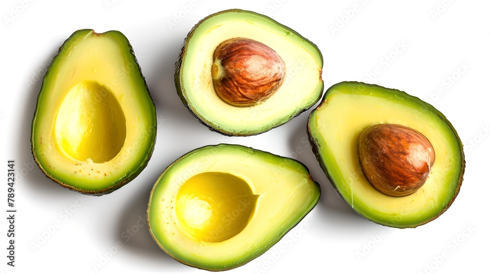 Fresh ripe avocados cut in half with vibrant green flesh. Healthy food concept. Ideal for nutrition and culinary arts. High-quality food image. AI