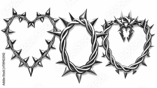 Set of twisted steel barbwire frames with sharp thorns, isolated on white background. Borders of metal chain with sharp thorns. photo