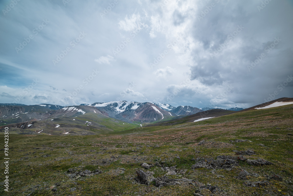 Dramatic alpine view from stony grassy hill to large snow-capped mountain range under cloudy gray sky. Beautiful mountain landscape with green rock hills against high snowy mountains in rainy weather. Dramatic alpine view from stony grassy hill to large snow-capped mountain range under cloudy gray sky. Beautiful mountain landscape with green rock hills against high snowy mountains in rainy weather.