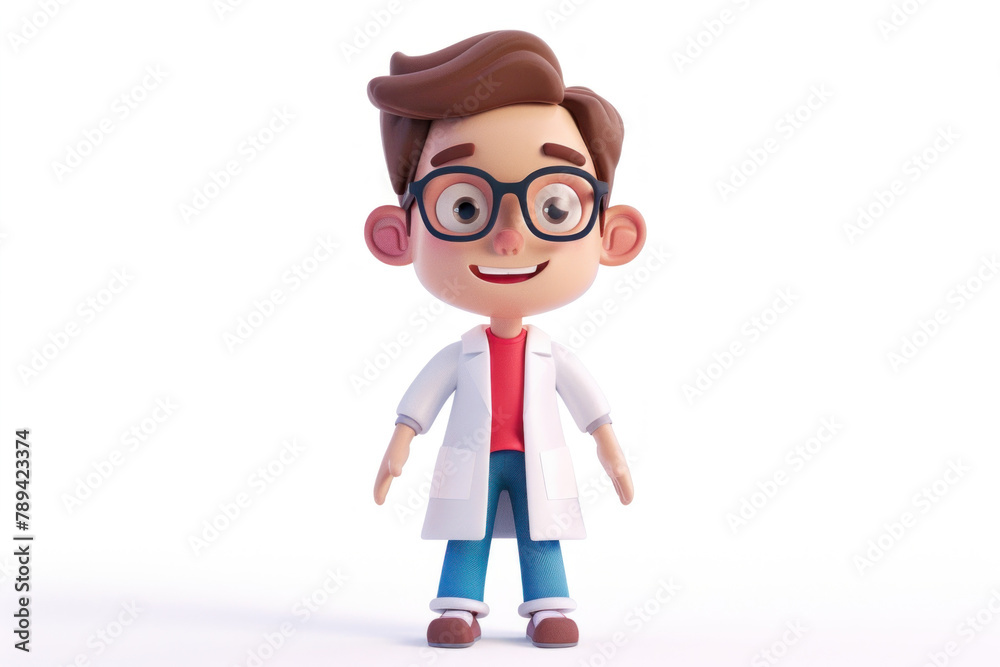 3D rendering cartoon character happy young scientist man with white coat and glasses isolated on white background