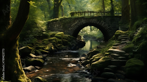 A moss-covered stone bridge spanning a gentle stream in a dense forest.
