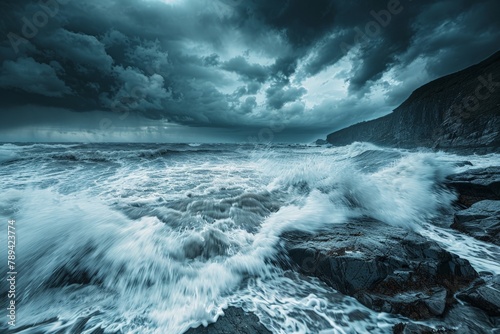 A dramatic landscape photo of a stormy coastline, with powerful waves crashing against rocks and rain whipping across the sky