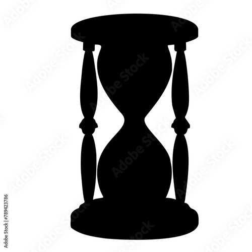 Hourglass vector Silhouette. Illustration of antique Sandglass painted by black inks on isolated background. Drawing of a sand Clock for icon or logo. Etching of retro hour glass. Engraving of timer.