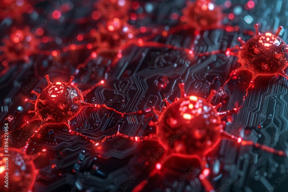 A glowing red virus spreading through a network of connected computers, each one turning a menacing red as it gets infected.