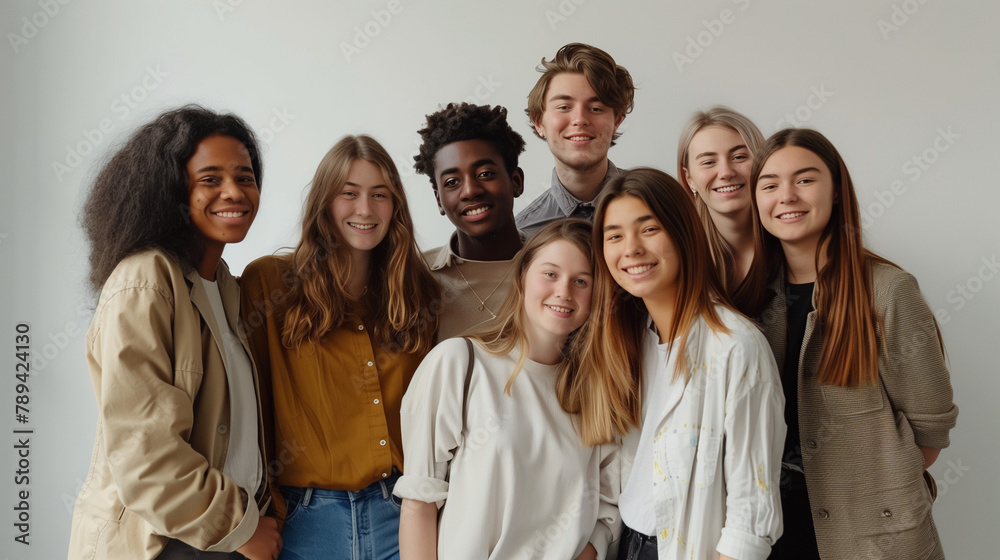 Fototapeta premium A group of young people are standing together, smiling and looking at the camera. 
