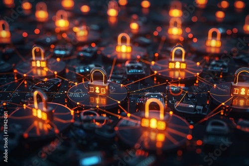 A group of glowing padlocks forming a global network, symbolizing international cooperation in cybersecurity.