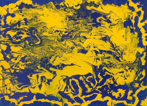 Abstract fluid art  painting dark blue and yellow